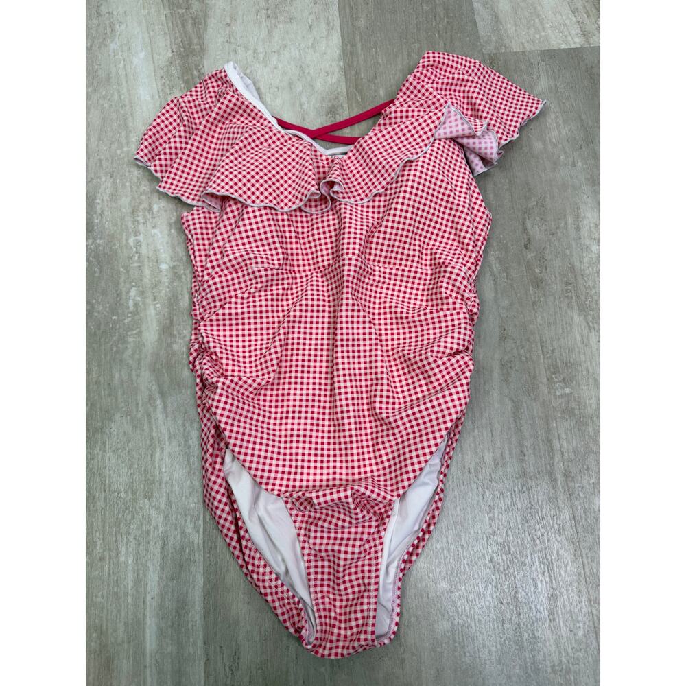 Love & Grow Red Gingham Plaid Ruffle One Piece Swimsuit Size Medium - Picture 2 of 6